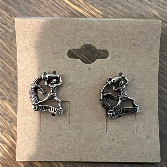 Aquarius Zodiac Silver Earrings - Picture 1 of 7